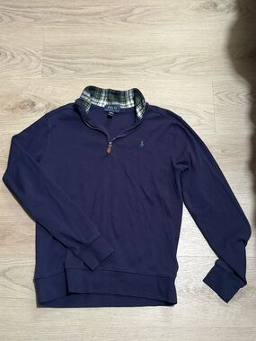 Polo by Ralph Lauren Navy Quarter-Zip with Green Plaid Collar L/ G
